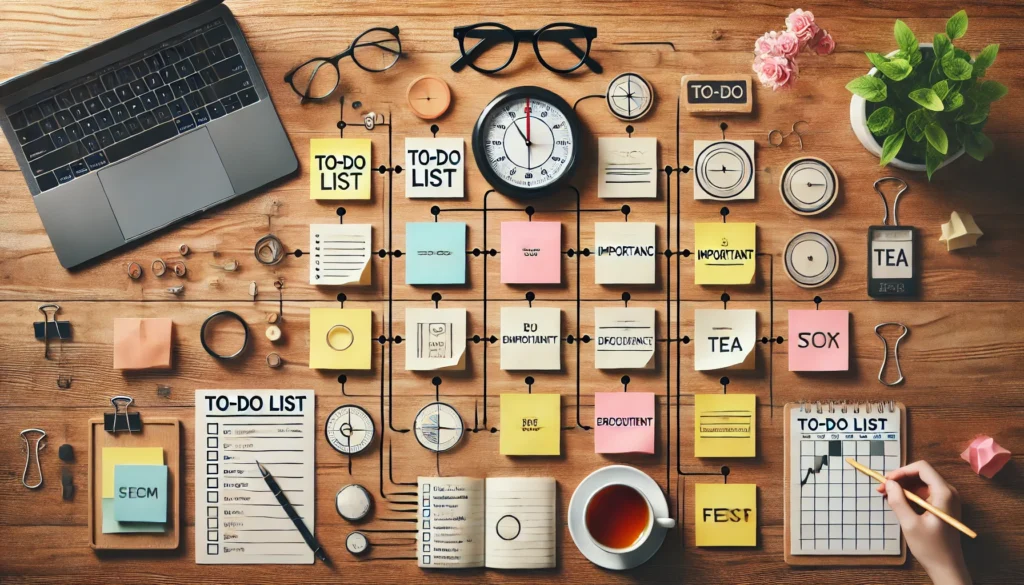 An overhead view of a to-do list and sticky notes grouped by importance on a wooden desk. The setup includes a digital timer, glasses, and a cup of tea, emphasizing focus and organization in a productive environment.