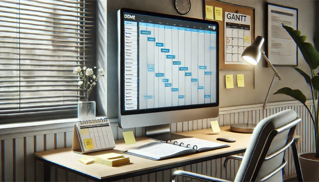 A modern workspace featuring a large digital screen displaying a Gantt chart. Sticky notes and a planner rest on the desk, surrounded by an ergonomic chair and soft lighting in a minimalist, organized setting.