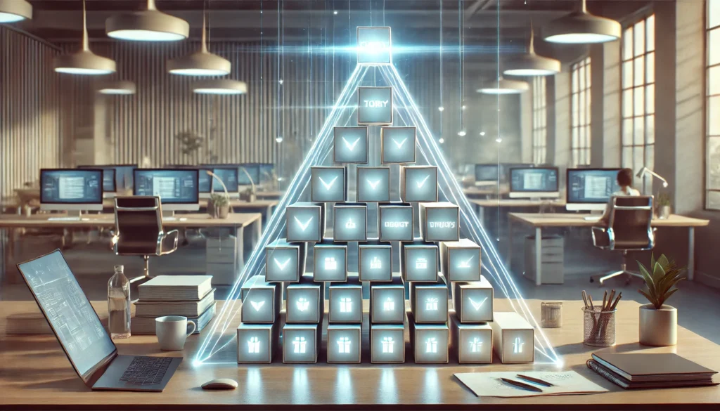 A conceptual representation of prioritization with a glowing pyramid-shaped task structure. Each block represents tasks arranged by urgency and importance, set in a serene office environment with soft lighting and minimalist decor.