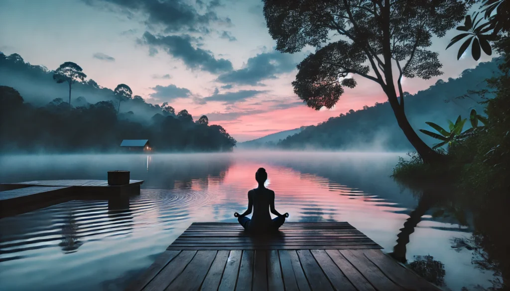 A peaceful natural landscape at dusk, with a person meditating cross-legged on a wooden deck near a tranquil lake. Mist rises from the water, and the sky transitions into soft twilight hues, creating a meditative and sleep-inducing ambiance.