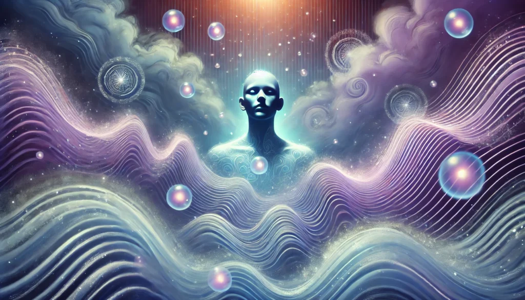 An artistic visualization of deep breathing for sleep, depicting a dreamlike state with flowing air waves and glowing orbs representing slow, rhythmic breaths. The scene is bathed in soft blue and lavender hues, enhancing the sense of relaxation.