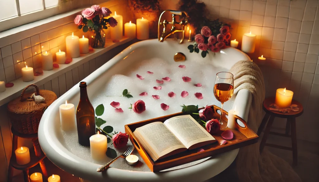 A peaceful bubble bath setup in a dimly lit bathroom. The bathtub is filled with warm water and floating rose petals, surrounded by flickering candles. A wooden tray holds a glass of wine and an open book for ultimate relaxation.