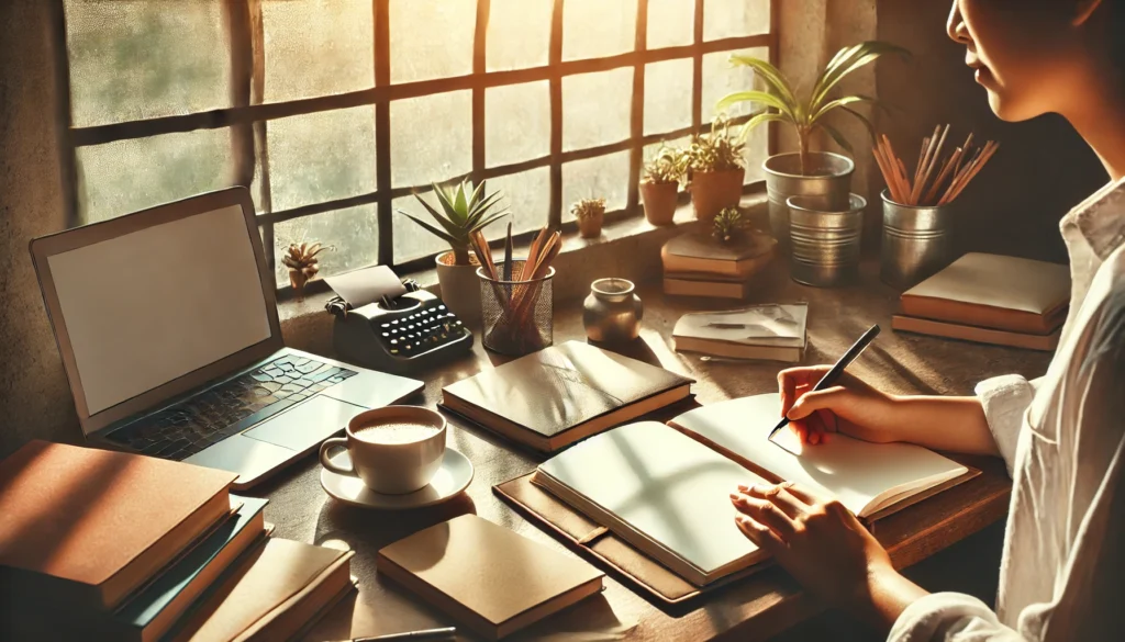 A bright and organized workspace with a person writing in a journal beside a cup of coffee, illuminated by natural light streaming through a large window with plants nearby, symbolizing planning and focus for self-motivation.