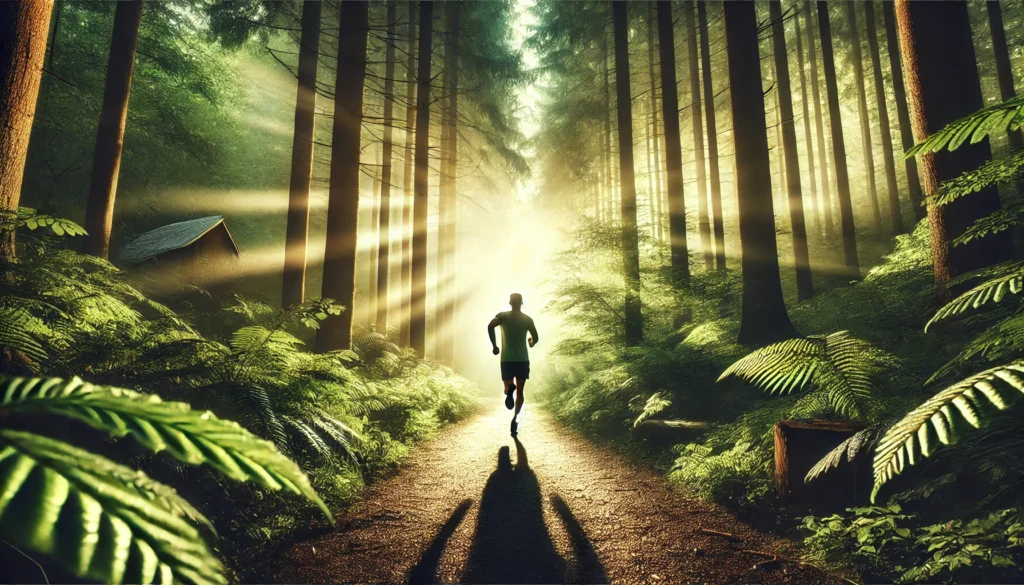 A person running on a trail through a lush green forest with soft sunlight filtering through the trees, symbolizing persistence, energy, and the drive to move forward.