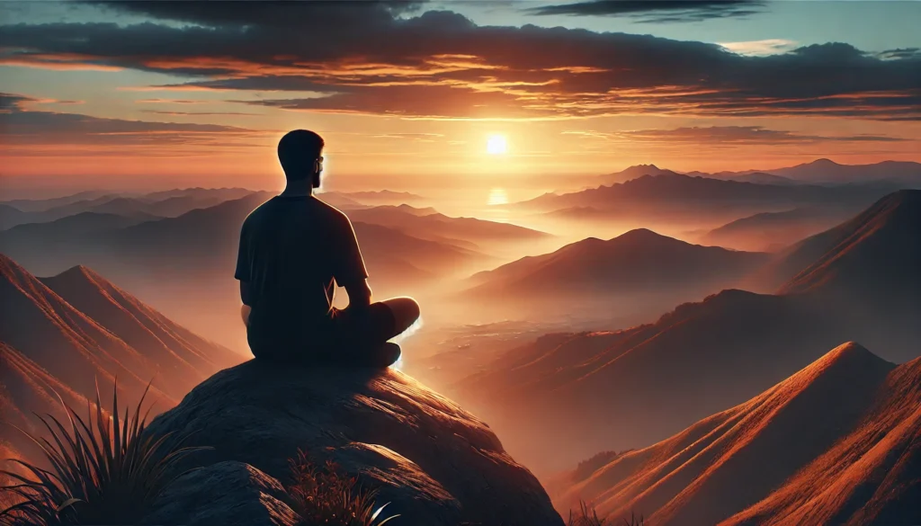 A person sitting peacefully on a mountaintop at sunset, with warm light bathing the landscape and a serene view of distant valleys, symbolizing reflection, clarity, and inner motivation.