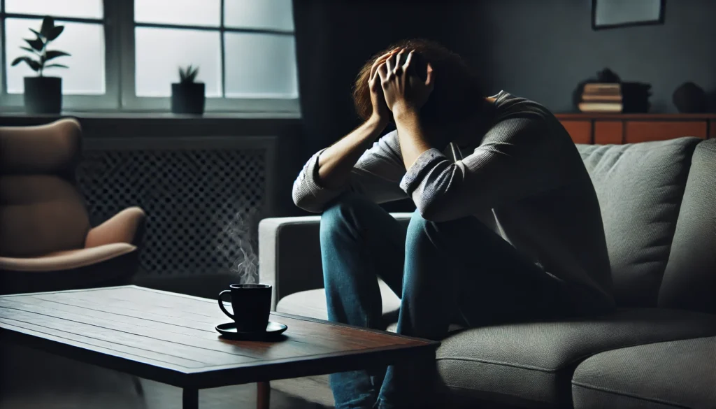 A person sitting alone on a couch in a dark living room, looking exhausted with their head in their hands. A cup of coffee sits untouched on the table, symbolizing emotional exhaustion and physical burnout.