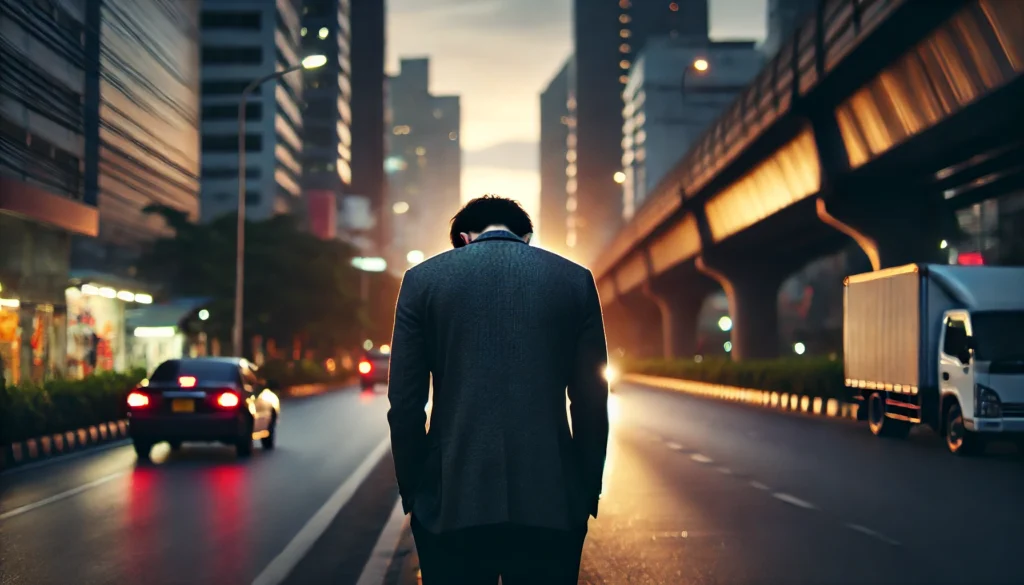 A person walking alone on an empty street at dusk, shoulders slumped, conveying emotional fatigue and detachment. The fading light and distant cityscape emphasize feelings of isolation and burnout.