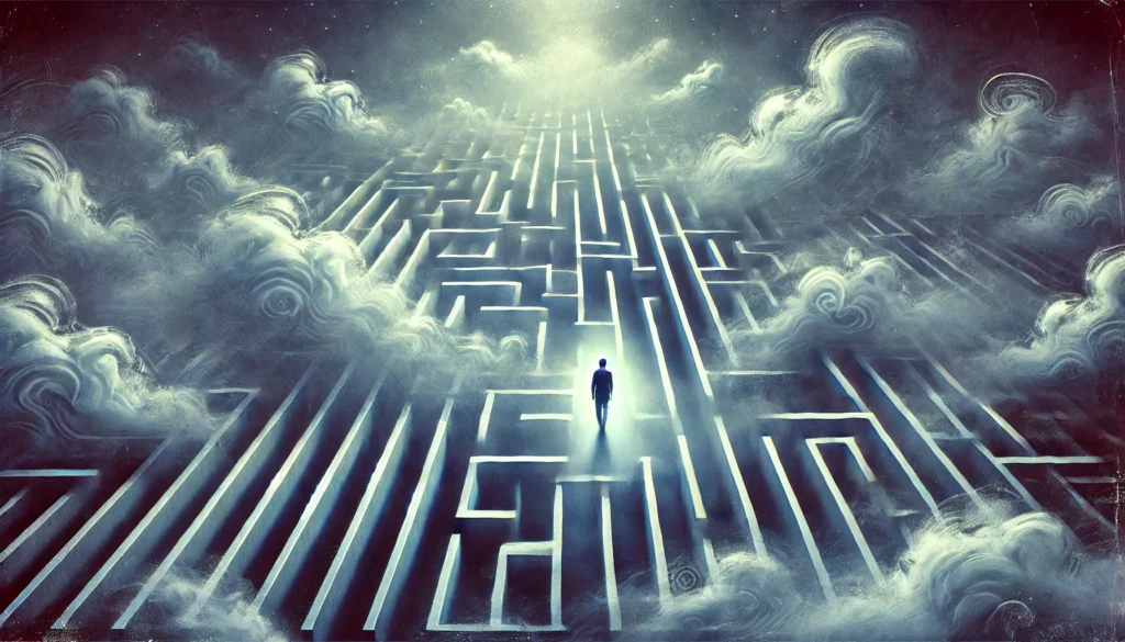 A symbolic digital painting of a person lost in a foggy maze, representing the confusion, memory loss, and impaired decision-making caused by sleep deprivation.