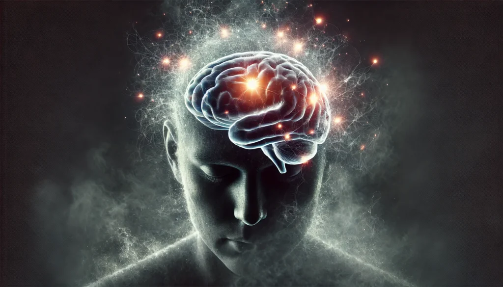 A conceptual visualization of a human brain with fading, broken neural connections, surrounded by dark mist. The image represents the weakening of neural pathways and cognitive impairment caused by sleep deprivation.