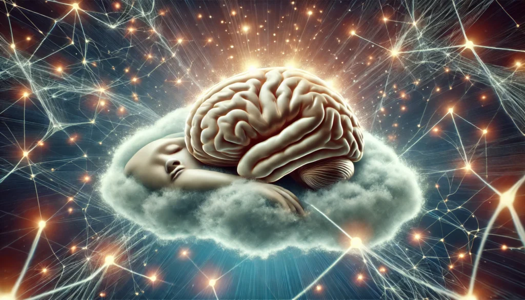 A conceptual artistic visualization of a glowing human brain resting on a soft cloud, with neural pathways lighting up. The image represents how sleep strengthens neural connections and enhances memory recall.