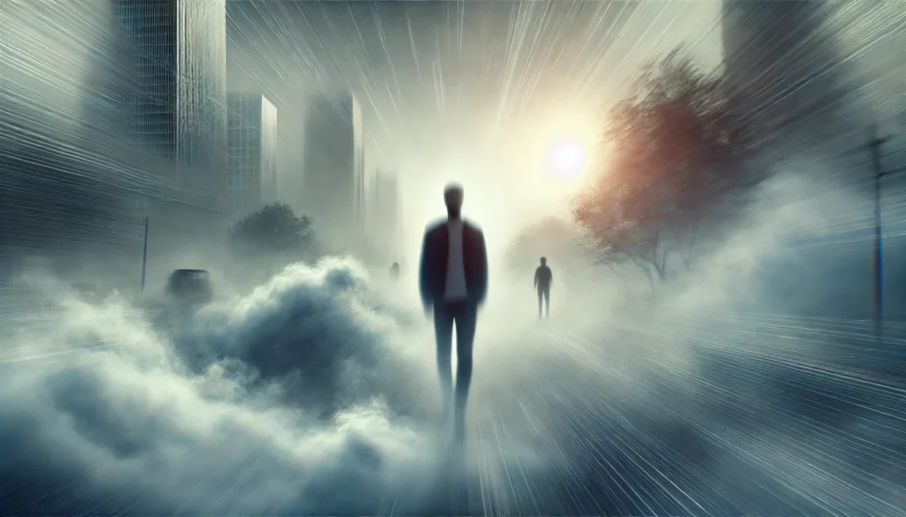 A person walking through a foggy landscape with blurred surroundings, symbolizing mental confusion and impaired memory due to sleep deprivation. The dreamlike atmosphere illustrates the cognitive fog caused by lack of rest.