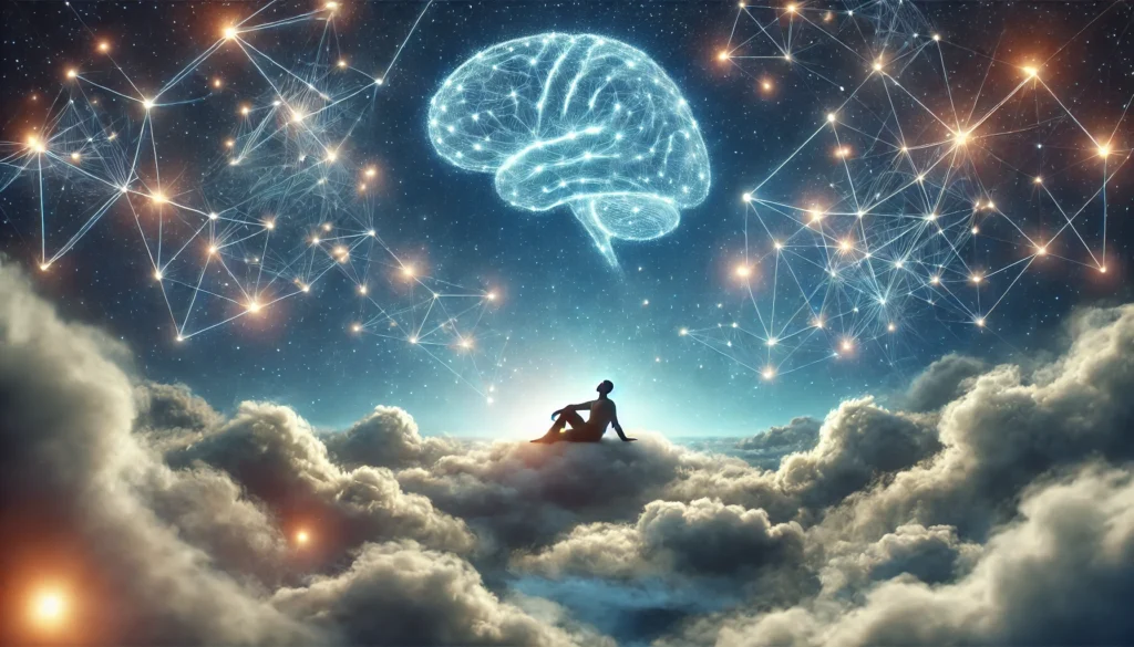 A dreamy nighttime landscape featuring a person floating among soft clouds, surrounded by glowing neural pathways forming constellations in the sky. The scene symbolizes the deep connection between sleep and cognitive function.