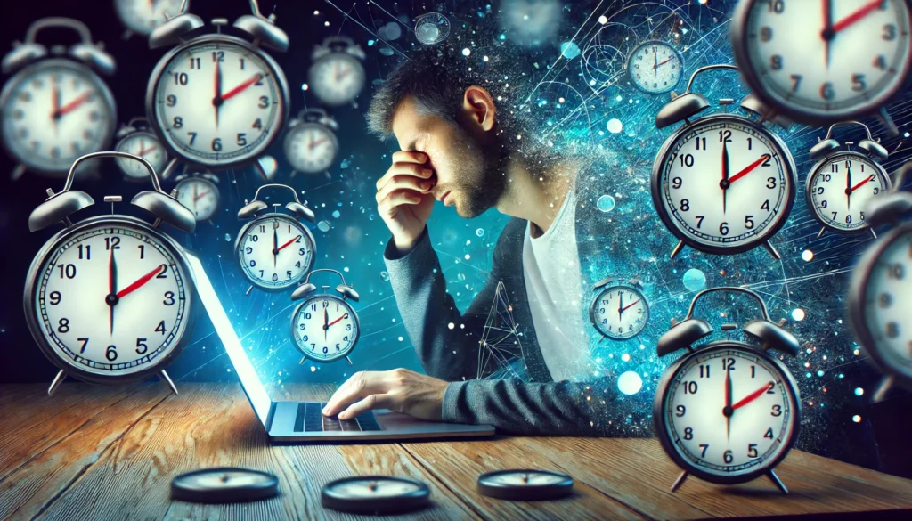 A tired individual rubbing their eyes while looking at a laptop screen at night, surrounded by floating, distorted clock faces. The image represents disrupted sleep cycles and the negative effects of sleep deprivation on focus and memory retention.