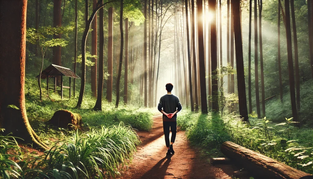 A peaceful forest trail where a person is walking mindfully, enjoying the fresh air and the sound of birds, with sunlight filtering through the trees, creating a relaxing and rejuvenating ambiance.