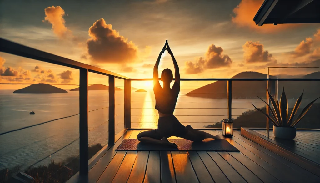 A person engaging in yoga on a balcony overlooking the ocean, stretching into a calming pose while the sun sets, creating a serene and stress-relieving atmosphere.