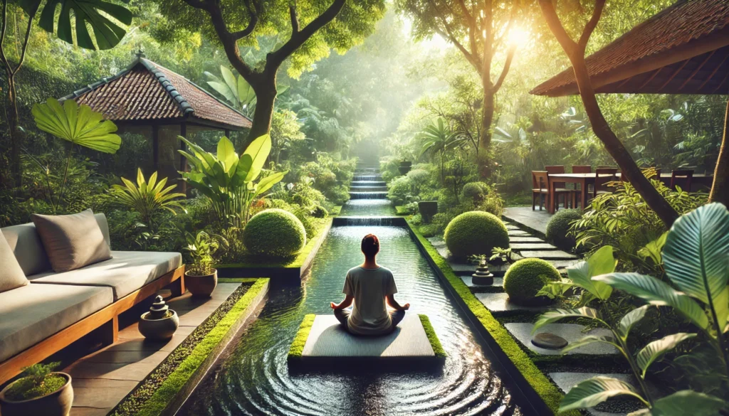 A peaceful outdoor garden scene with a person practicing meditation, surrounded by lush greenery and water features, promoting mindfulness and stress relief.