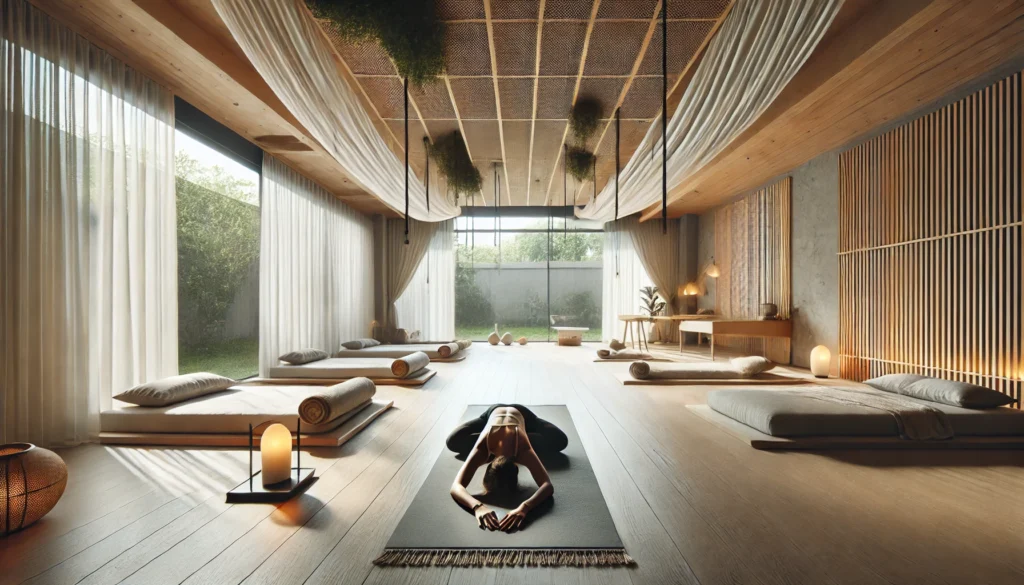 A minimalist yoga studio with an open and airy design, where a person is performing a relaxing yoga pose, highlighting balance and tranquility.