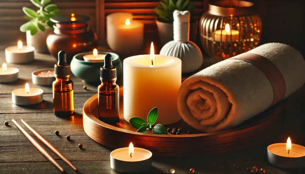 A tranquil spa-like setting featuring a lit candle, essential oils, and a warm towel on a wooden tray. The soft lighting and peaceful ambiance evoke relaxation and stress relief.