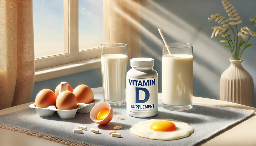 Vitamin D supplement bottle with milk and eggs by a sunny window, emphasizing its role in mood regulation and mental well-being.