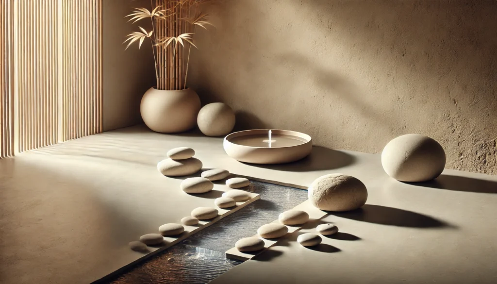 A minimalist spa-like setting with a Zen garden, carefully arranged stones, and a gentle water feature. The soft, natural light enhances the sense of harmony, mindfulness, and relaxation.