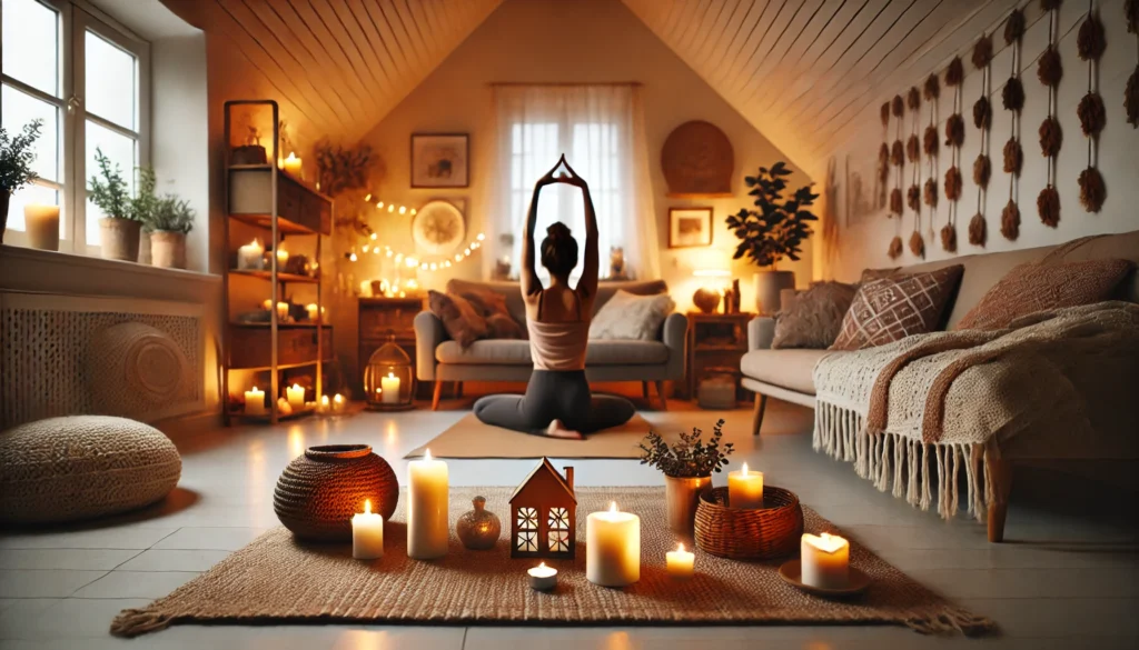 A cozy home setting where a person practices yoga in a softly lit room, surrounded by candles and soothing decor. The scene embodies comfort, balance, and the benefits of self-care and relaxation.