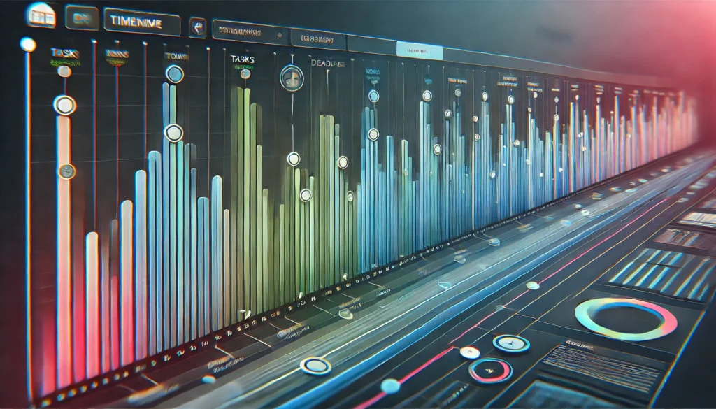A visually striking interface of a task management app with a timeline view. The timeline features horizontal rows of tasks represented as colorful bars, accented by markers for deadlines and milestones. The design is modern and clean, with soft gradients and subtle lighting effects that convey clarity and organization.