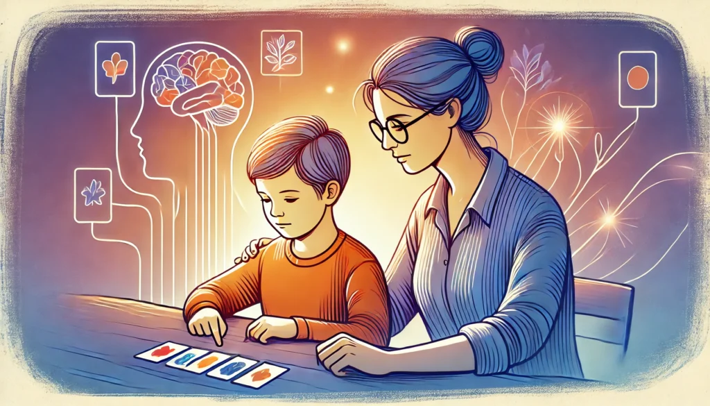 Adult and child participating in a memory card game, enhancing working memory through interactive cognitive training