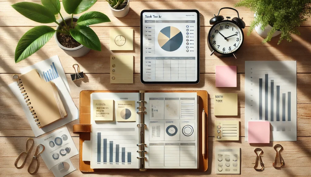 A wooden desk with an elegant planner and sticky notes organized in a workflow. A digital tablet with a pie chart, a clock, and greenery enhance the minimalist design, symbolizing task tracking and balanced productivity.