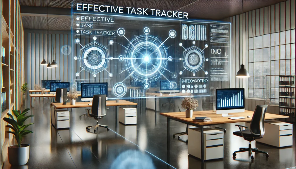 A futuristic office space with a holographic task board showcasing interconnected tasks and deadlines. The environment features ergonomic furniture, ambient lighting, and modern decor, representing efficiency and innovation in task tracking.