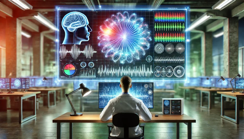 A researcher analyzing brainwave patterns on a large monitor in a high-tech laboratory, with colorful visual data and graphs representing neural activity and the science behind habits.