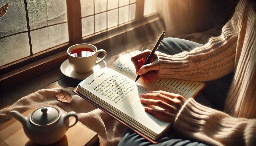 A tranquil scene of a person writing in a notebook by a window, with natural light and a cup of tea, emphasizing self-expression and anxiety relief.