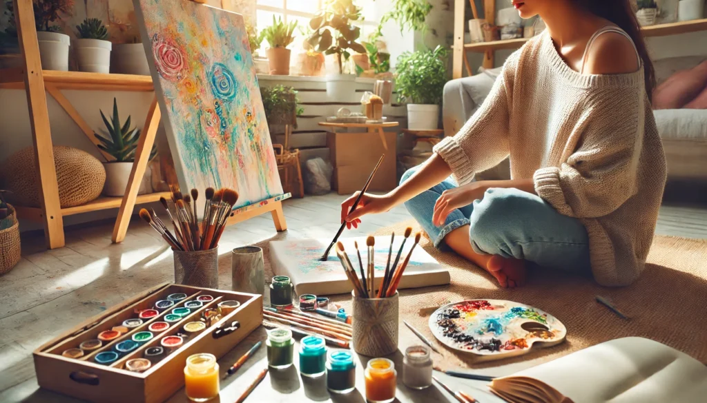 A bright and creative space where a person is painting on a canvas, surrounded by art supplies and a calming atmosphere, channeling emotions through creativity.