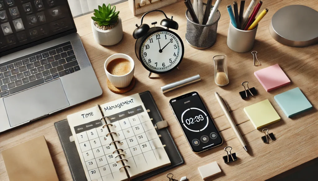 An overhead view of a modern workspace with a planner, an analog clock, and a smartphone timer on a tidy desk. Neatly arranged pens, sticky notes, and a coffee cup, combined with natural lighting, enhance productivity and focus.