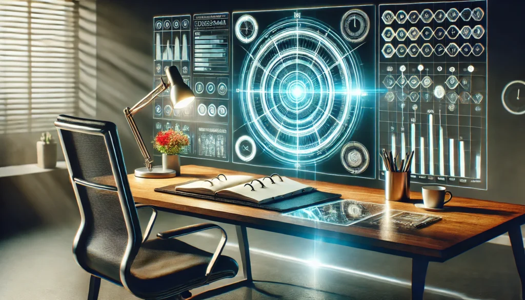 A futuristic workspace with a glowing digital clock and holographic task planner showing a timeline. The minimalist desk, ergonomic chair, and ambient lighting emphasize time management and productivity in a high-tech setting.