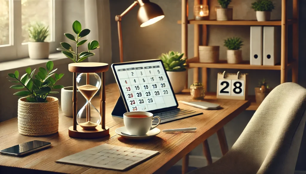 A serene home office featuring a desk with an hourglass, a tablet displaying a digital calendar, and a cup of tea. Soft lighting, a potted plant, and a cozy chair create a balanced and productive environment for efficient time management.