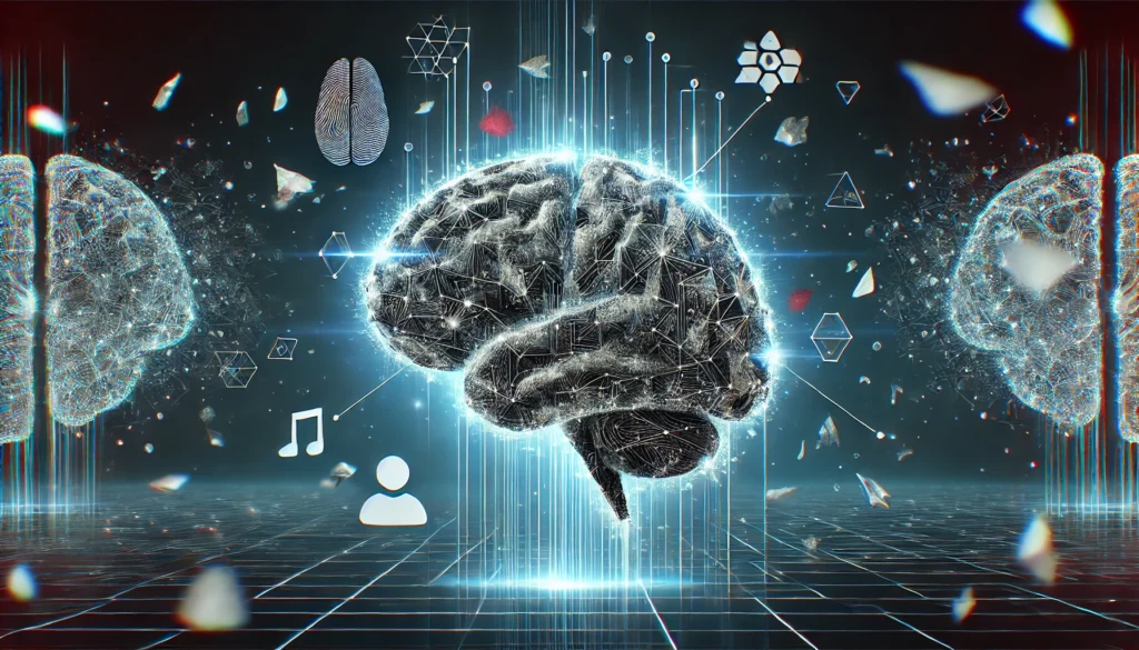 A futuristic digital representation of a brain with disrupted neural pathways, surrounded by floating fragments representing memory loss and cognitive decline. The image illustrates the warning signs of brain health issues.