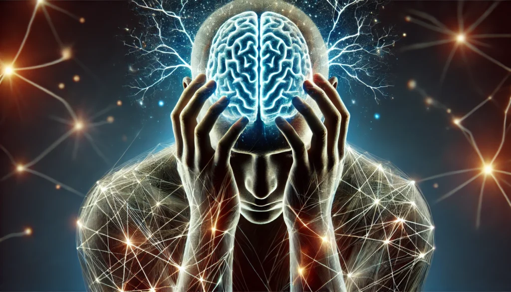 A symbolic artistic representation of a person holding their head with glowing stress lines, with neural pathways appearing fragmented or broken. The image represents mental strain, cognitive overload, and early signs of brain function decline.