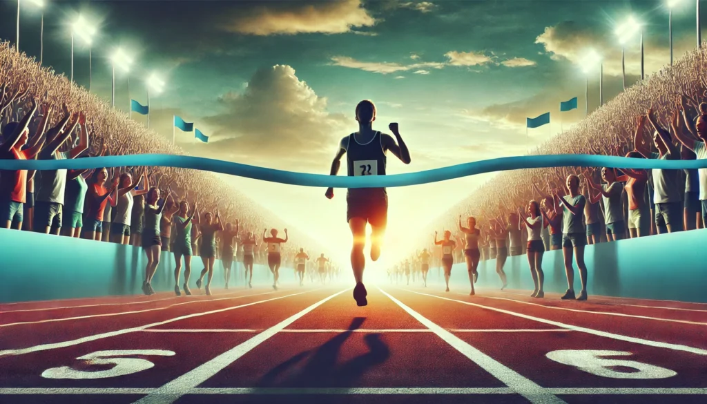 A runner crossing the finish line during a race, with a cheering crowd and a clear sky in the background, symbolizing achievement motivation driven by competition and personal success.