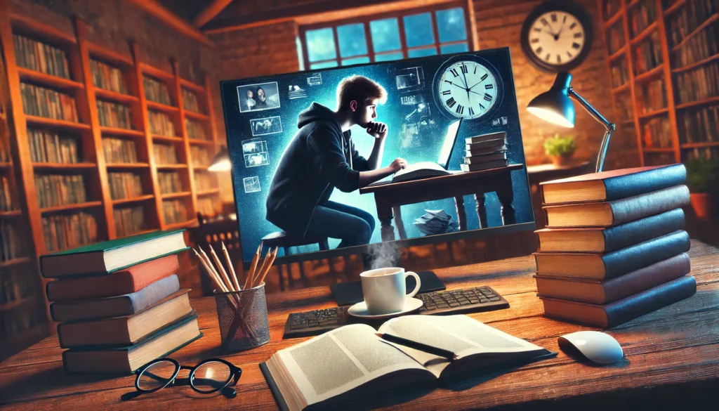 A student studying late at night in a cozy library, surrounded by books and a cup of tea, with a determined expression, symbolizing goal-oriented motivation driven by future aspirations.