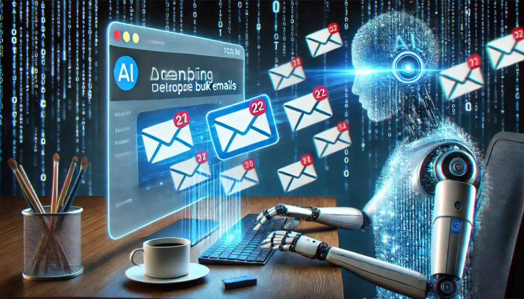 A futuristic AI-driven email cleaner scanning an inbox and automatically deleting bulk emails, with glowing elements representing advanced inbox automation."