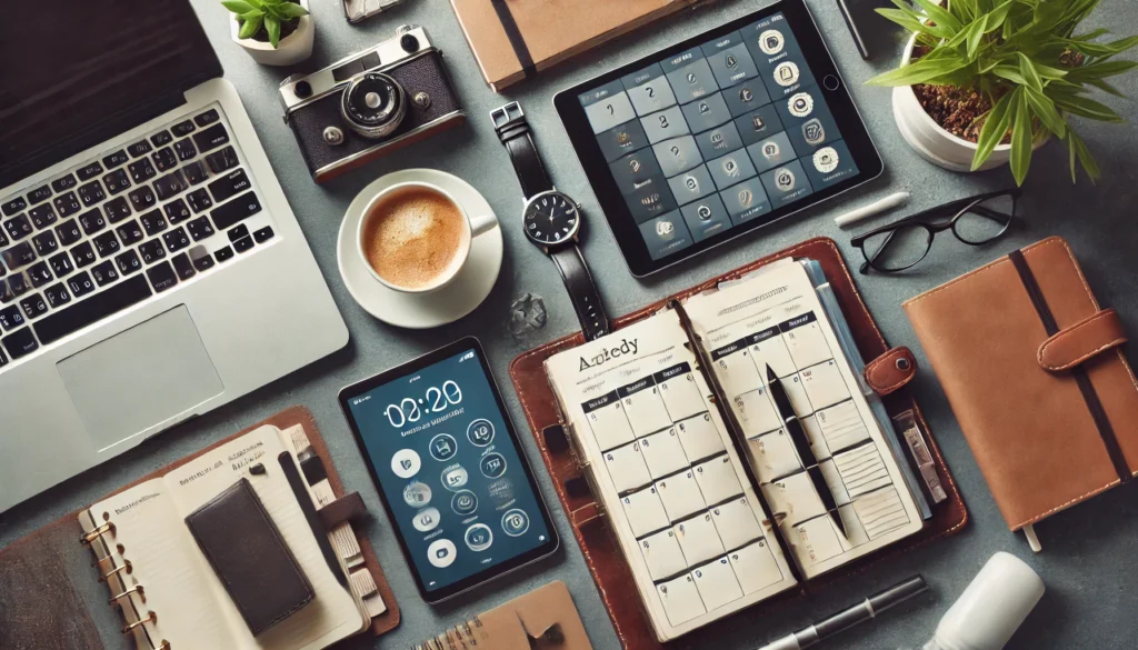 "An overhead view of a well-organized workspace with a planner, a digital tablet displaying a time management app, and a cup of coffee, representing structured workflow and productivity."