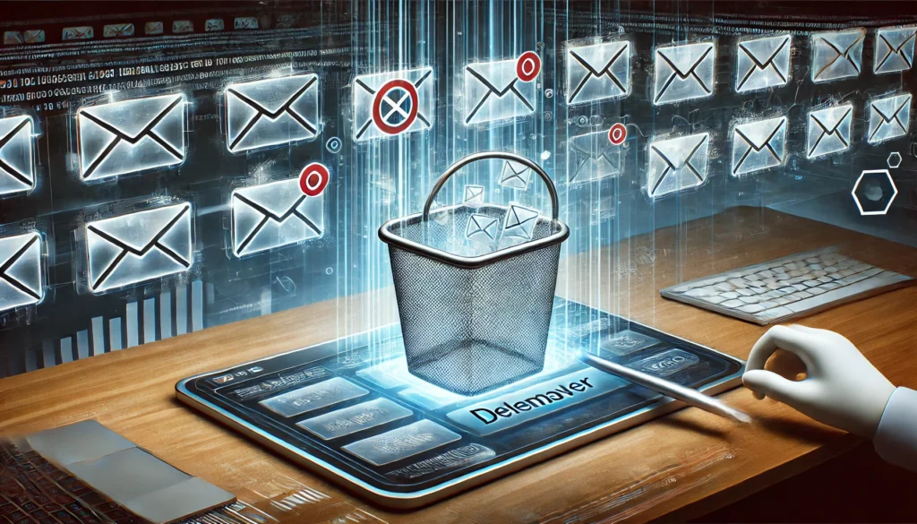 A conceptual digital illustration of an 'email deleter' tool removing bulk emails from a futuristic holographic inbox, symbolizing efficient email management."