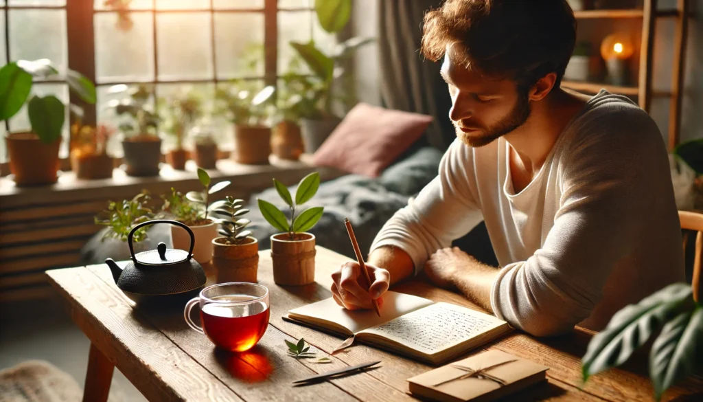 A person journaling at a wooden desk with a peaceful expression, writing down thoughts and emotions. A warm cup of herbal tea, soft lighting, and indoor plants create a relaxing environment. The window behind them reveals a tranquil outdoor view, emphasizing mindfulness and anxiety management.