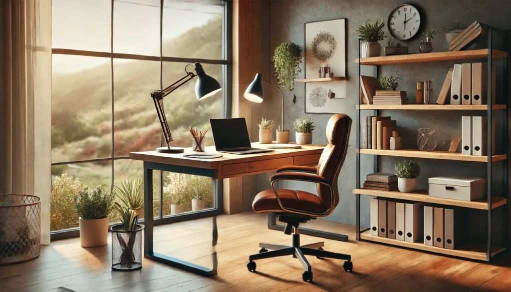 A cozy home office setup with a wooden desk, laptop, and adjustable chair under soft ambient lighting. The space includes decorative plants, bookshelves, and a large window offering a view of nature for a serene and productive atmosphere.