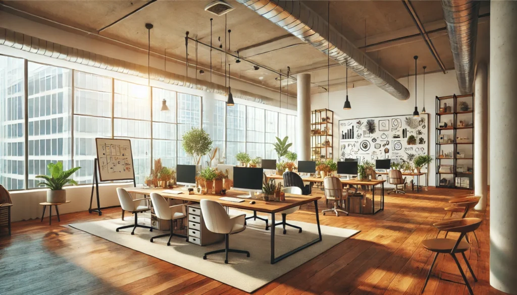 An inspiring team workspace with an open floor plan, shared desks, large whiteboards for brainstorming, and natural lighting. Warm-toned decor, indoor plants, and creative furniture arrangements foster collaboration and productivity.