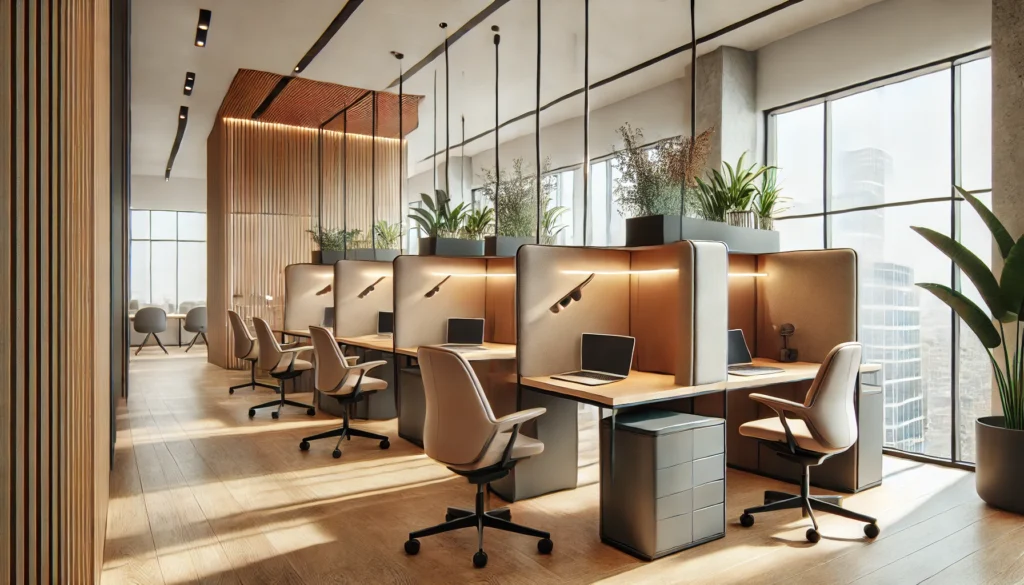 A stylish modern office environment with private work pods featuring comfortable seating, adjustable desks, and warm task lighting. The design incorporates natural wood tones, indoor plants, and soft neutral colors, with large windows providing ample natural light for a calming and productive atmosphere.