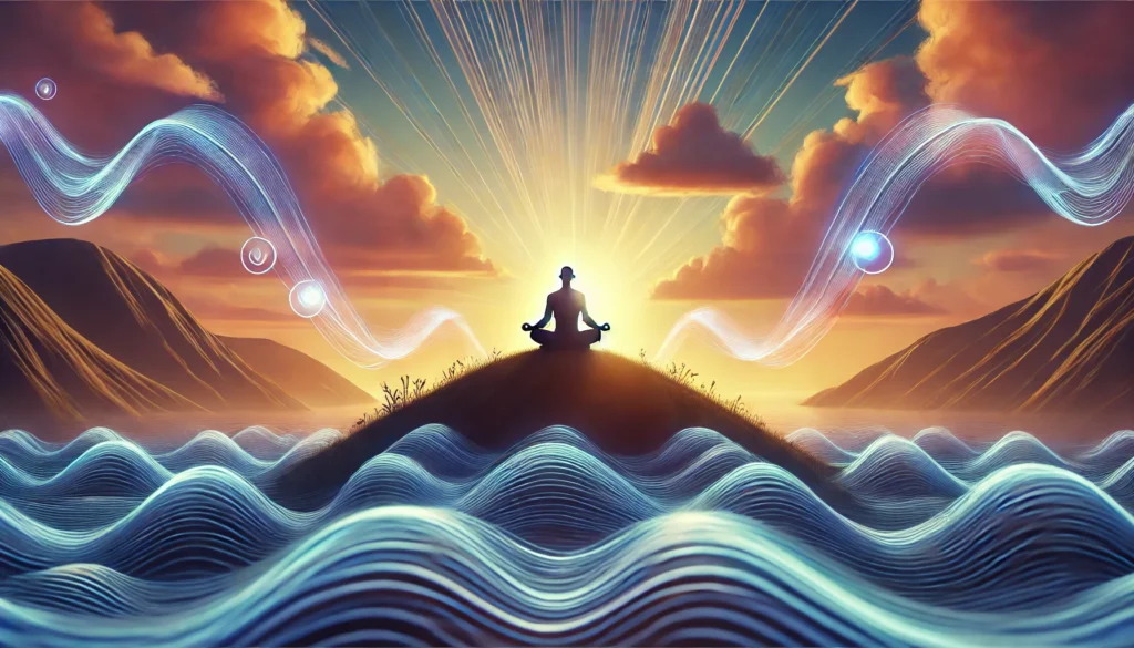 A peaceful outdoor meditation scene with a person sitting cross-legged on a hilltop, surrounded by floating energy waves representing reduced stress and anxiety. The sunset sky glows with calming colors, emphasizing relaxation and mental clarity.