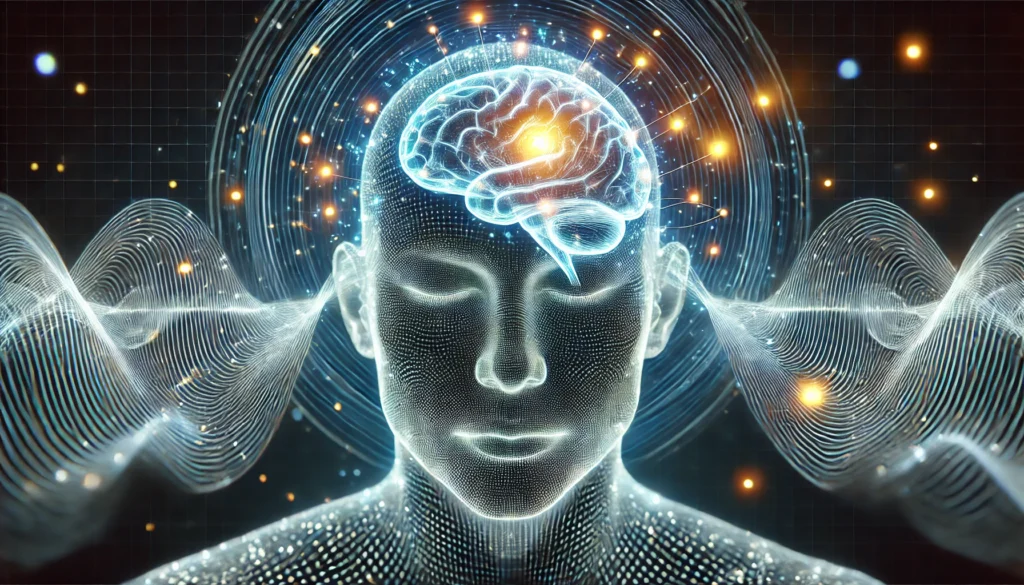 A futuristic medical scan showing a human brain in a relaxed state, with glowing neural connections and calming energy waves. The image represents the scientific effects of mindfulness and meditation on reducing anxiety.