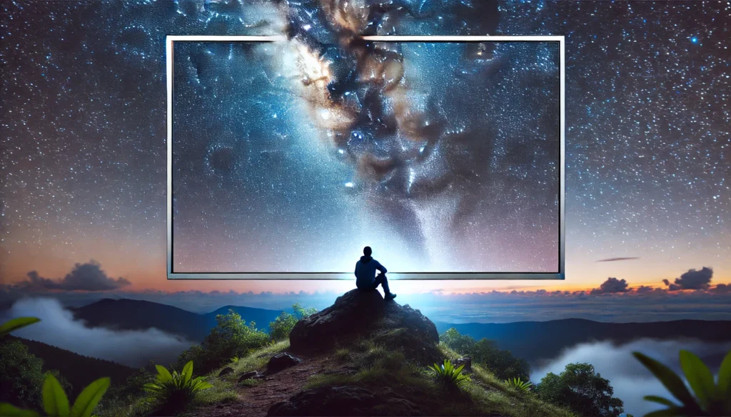 A person sitting on a hilltop gazing at a vast starry night sky, surrounded by nature and illuminated by the soft glow of the Milky Way, symbolizing wonder, clarity, and the deeper meaning of motivation.