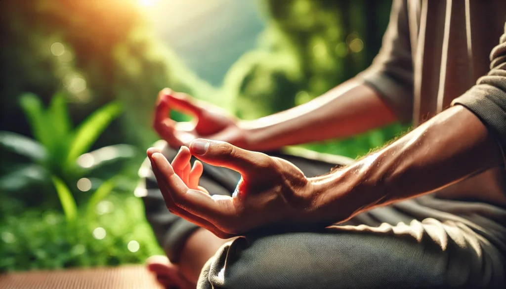 A close-up of a person’s hands in a meditative pose, resting on their lap with palms facing upward. The blurred background of lush green nature and warm sunlight represents mindfulness and inner balance.